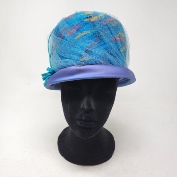 Vintage | Hard Structured Feather Tulle Hat Blue Multicolored Union Made main image 9